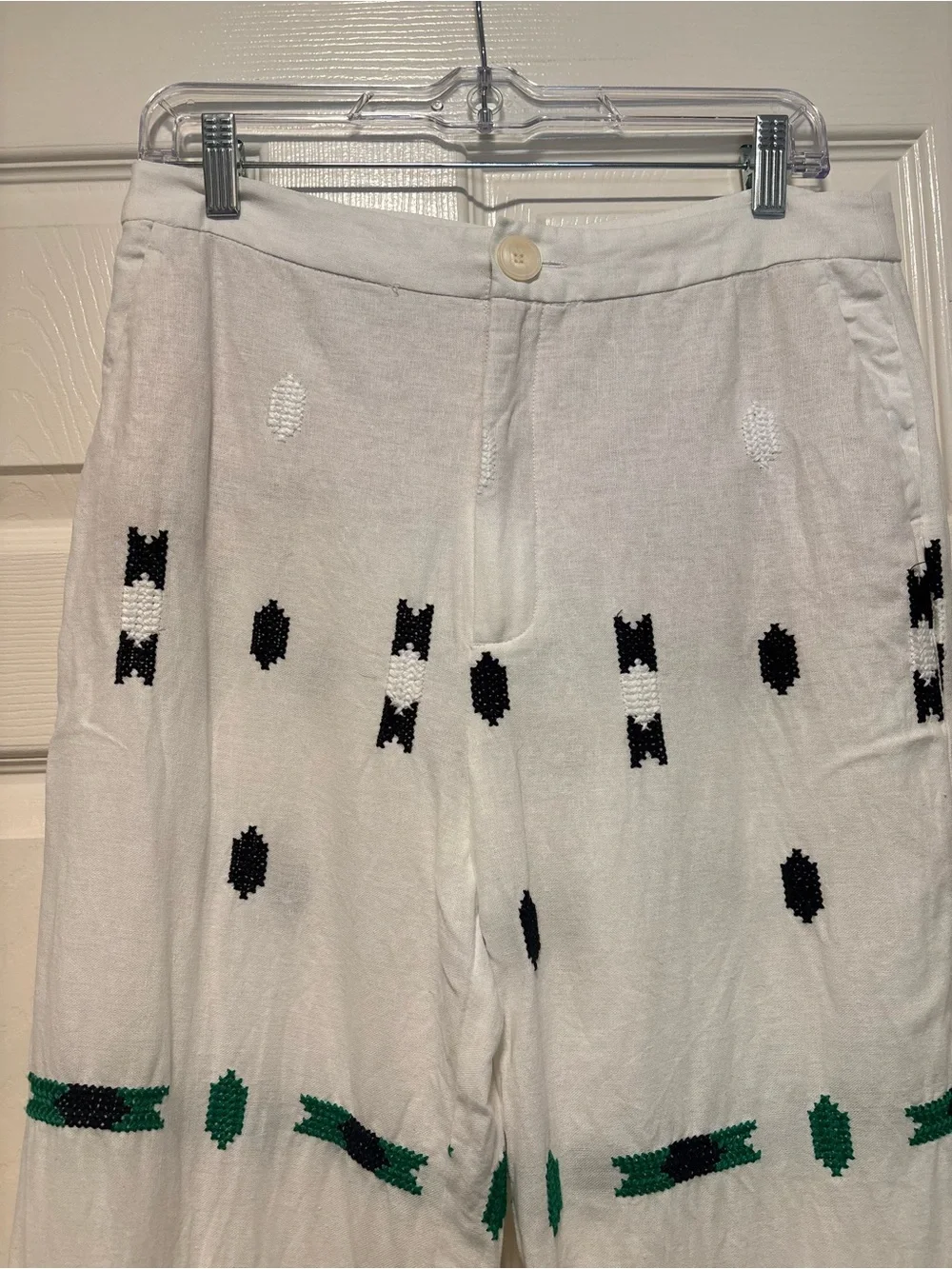Zara Embroidered Linen Blend Cropped Straight Leg Pants White Green Large